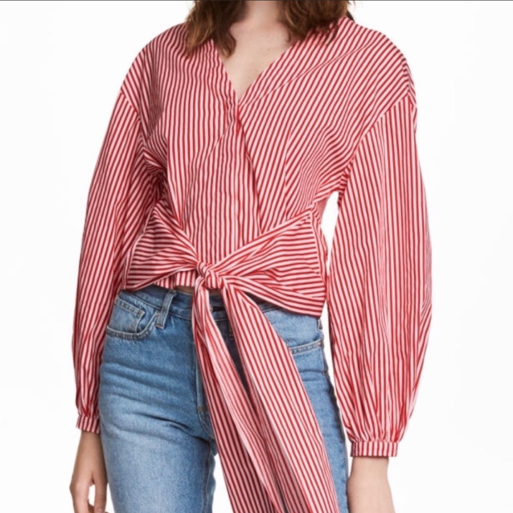 H&M Striped Shirt Tie-Front Red White